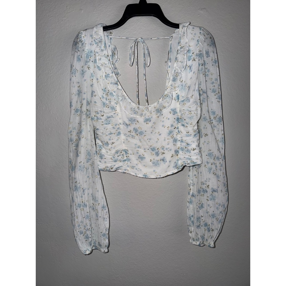Free People Blue Floral Smocked Back Ruffle Crop Top Long Sleeve Womens Medium